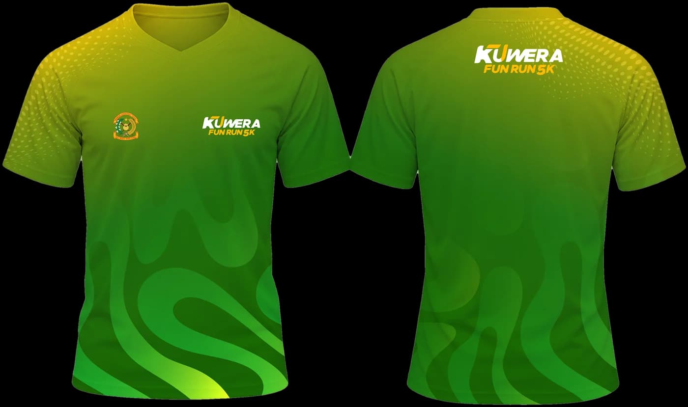 Jersey KUWERA Fun Run 5K tampak depan dan belakang, hijau dengan pundak kuning