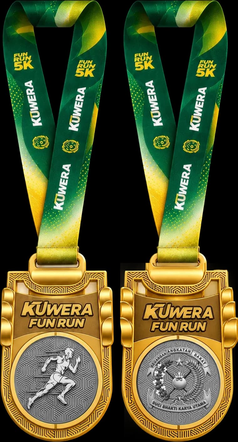 Medali finisher KUWERA Fun Run 5K dengan lanyard hijau, tampak depan (pelari) dan belakang (lambang Keuangan Angkatan Darat)